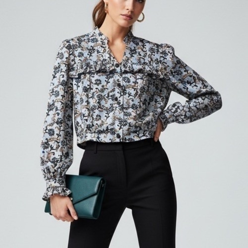 NWT Womens 6 TOPSHOP Blue Floral Paisley Frill Cropped Long Sleeve Top Blouse